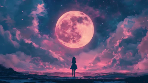 Silhouette of girl facing giant moon in pink night sky.