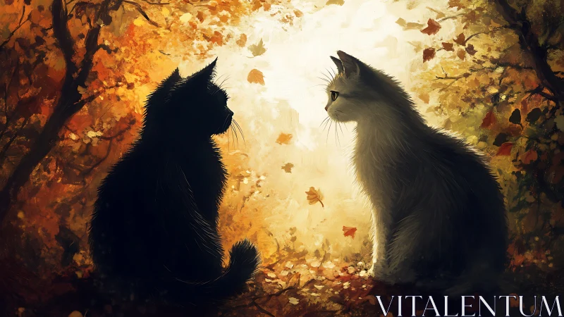 Two Cats Meet Beneath Autumn Trees in Glowing Light