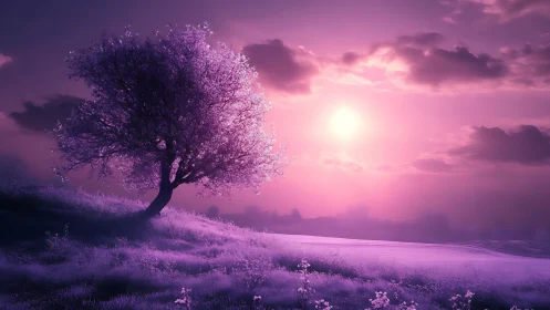 Solitary blossom tree leans over violet sunlit meadow