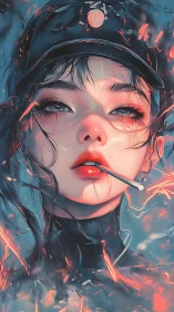 Embers drift while the neon-eyed smoker rules the storm