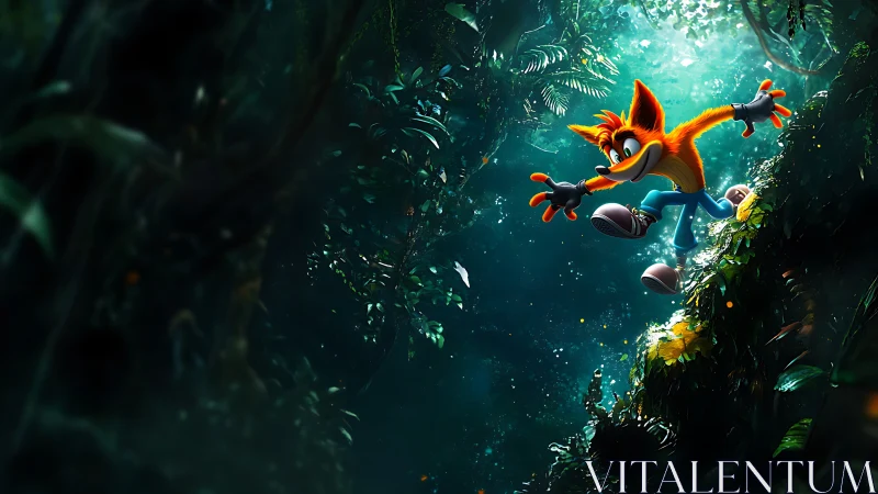 Cartoon fox hero leaps through glowing jungle light.