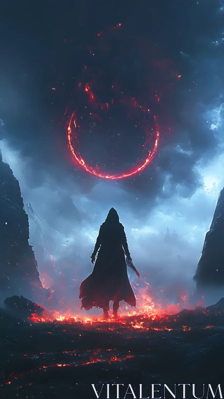 Cloaked figure approaches molten eclipse ring amid volcanic cloud