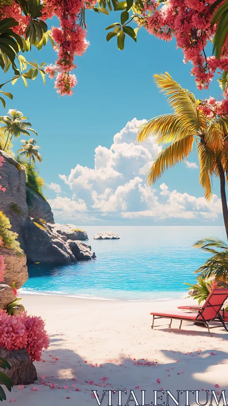 Tropical cove beach with pink blossoms and calm turquoise sea.