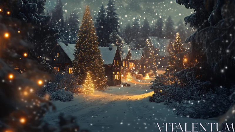 Snowy forest village with glowing Christmas lights at dusk.