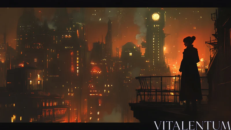 Solitary figure watches a burning steampunk city at dusk