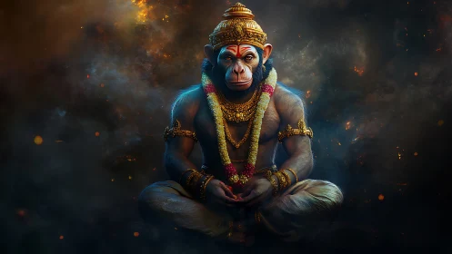 Regal monkey deity sits calmly in glowing, smoky light