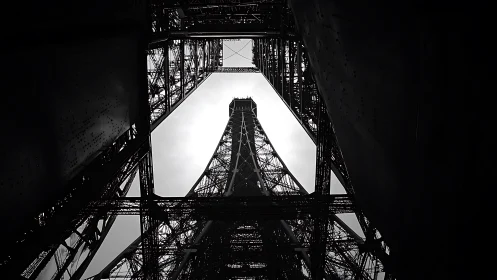 Steel lattice tower photographed from base in stark silhouette