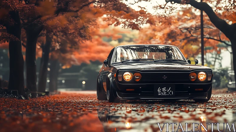 Vintage black coupe on wet autumn tree-lined street at dusk.