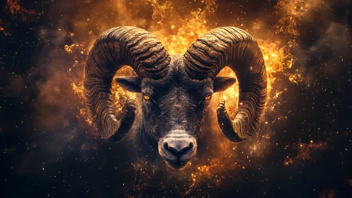 Fiery ram portrait with glowing horns in cosmic blaze.