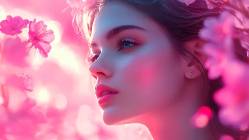 Digital portrait of woman among vivid pink blossoms.