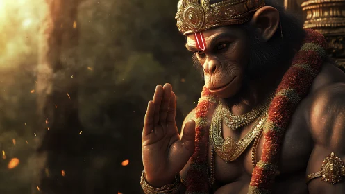 Divine monkey warrior offers serene blessing in golden light.