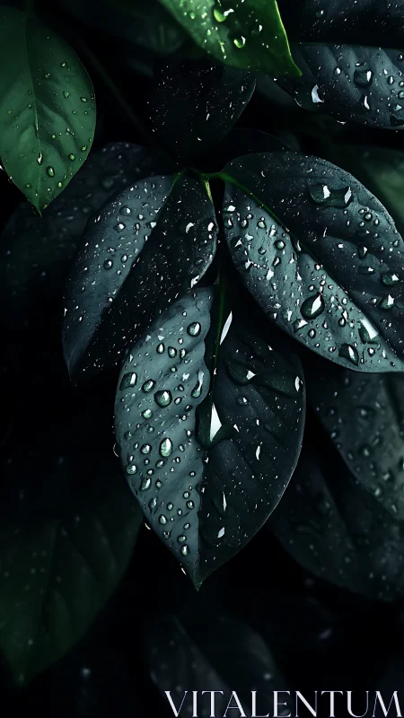 Wet dark green leaves hold still raindrops in sharp focus
