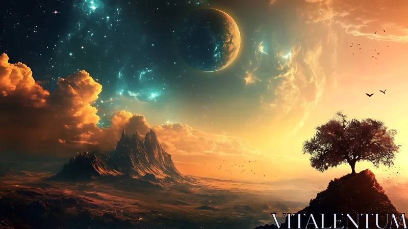 Sunrise under distant planets and a dreaming lone tree.