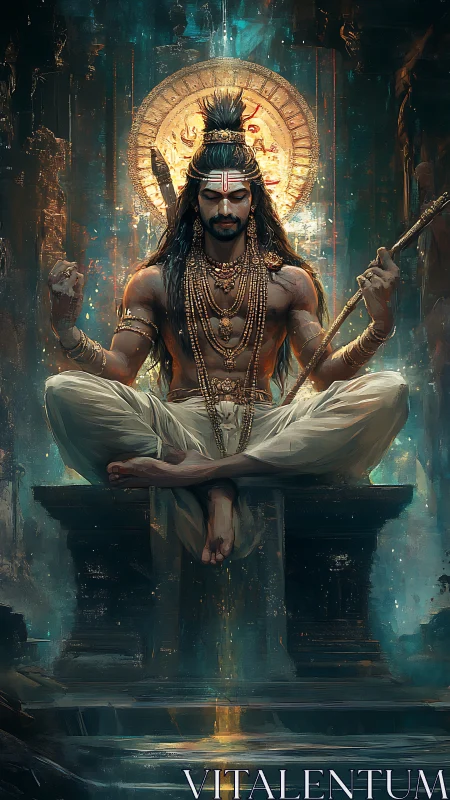 Radiant sage floats between molten halo and misted ruin