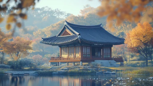 Serene lakeside Korean pavilion rests in hazy autumn light