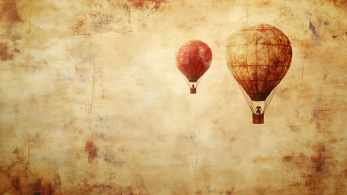Two hot air balloons are depicted on a textured sepia field
