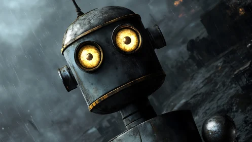 Weathered steel robot with emissive eyes in slanted rain scene