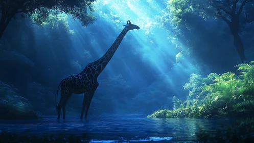 Giraffe stands dreaming in misty, moonlit jungle waters