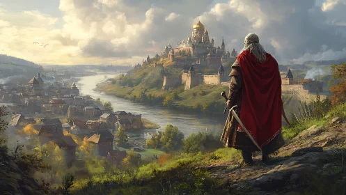 Warrior overlooks fortified riverside city under cloudy sky