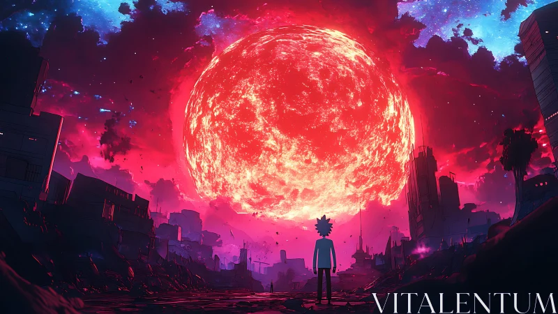 Crimson supernova hovers low while one drifter keeps watch