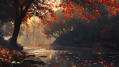 Sunlit autumn river reflects glowing red forest canopy