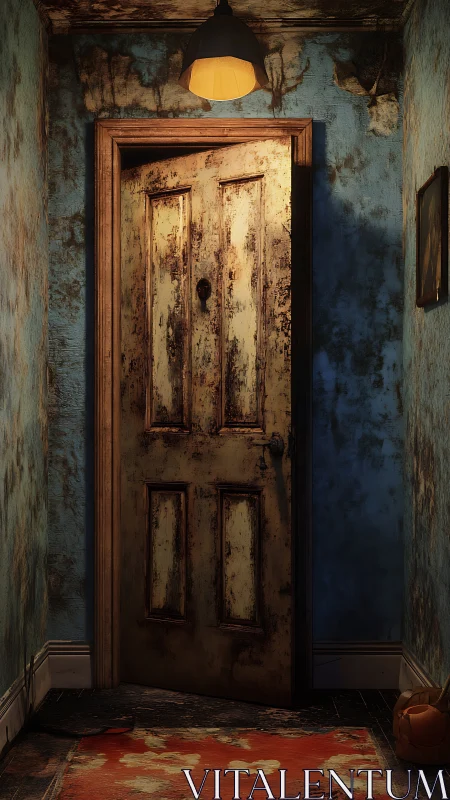 Decayed wooden door in moody corridor with warm top light.