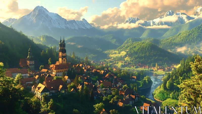 Mountain valley village with river and church towers.