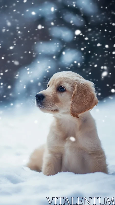 Golden retriever puppy in shallow snowfield under snowfall.