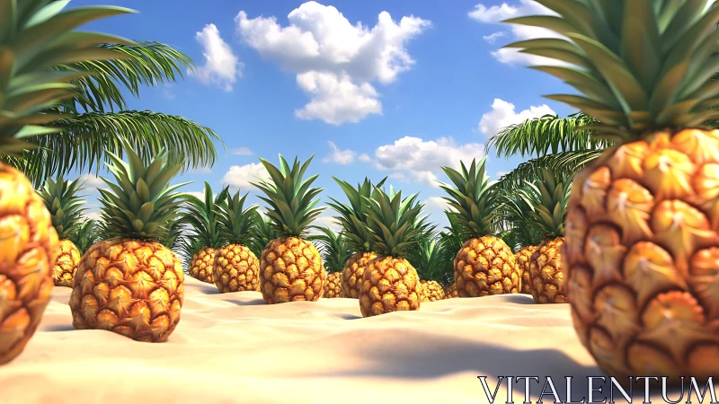 Pineapples are arranged on sandy terrain under a clear sky