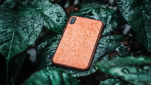 Vibrant Coral Phone Rests on Glistening Green Garden Leaves