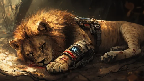 Wounded cybernetic lion rests under fractured forest light
