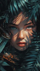 Jungle muse with lizard framed by teal tropical fronds.