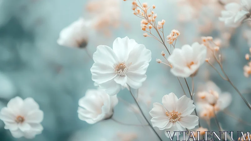 Soft white cosmos flowers bloom against pale turquoise backdrop.