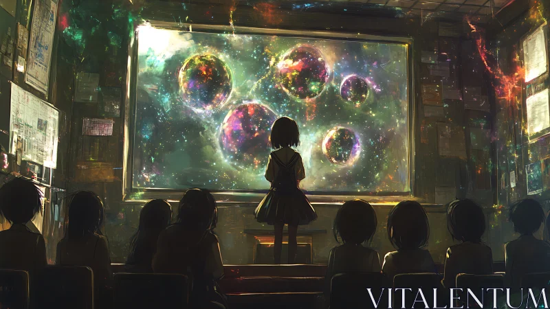 Schoolgirl audience observing cosmic spheres on screen.