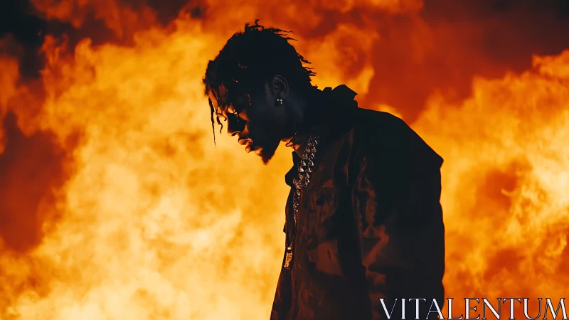 Silhouetted man in dark jacket standing before huge flames.