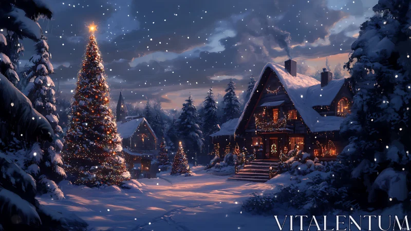 Cozy winter cabin glowing beneath a sparkling Christmas tree.