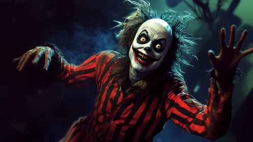 Grotesque striped-costume clown figure in dramatic lighting.