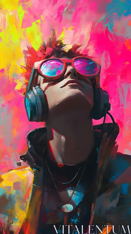 Neon daydream listener crowned in electric paint storms.