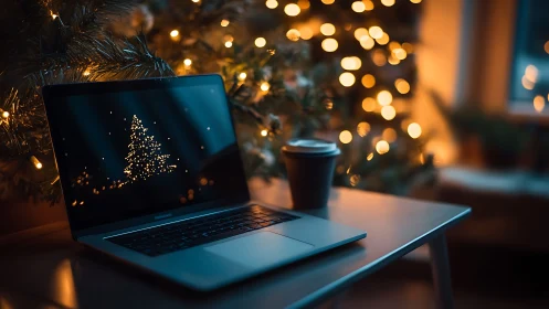 Laptop quietly toasts cocoa-warm code beneath festive lights