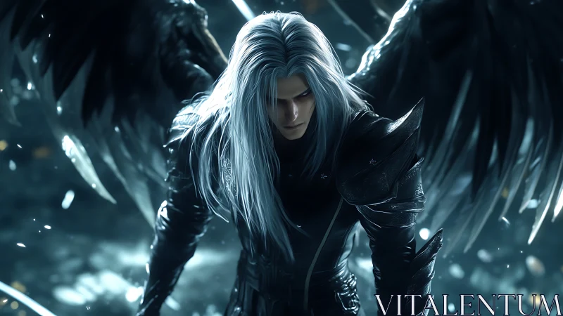 Dark winged warrior descends through cold swirling light