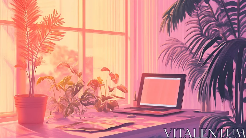 Sunlit desk workspace with laptop and potted plants.