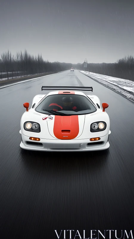 White race car powers through a wet winter highway
