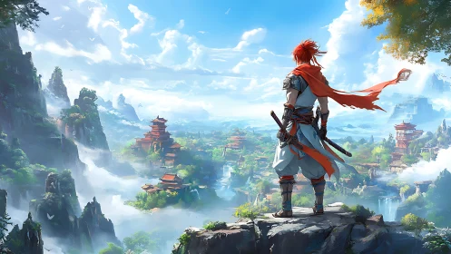 Red-haired warrior surveys vast misty valley of temples.