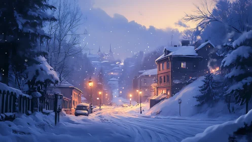Snow covered town street under dusk winter lighting.