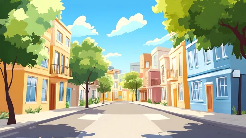 Residential street with colorful townhouses and trees under sky.