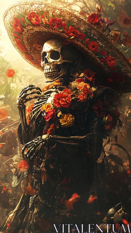 Skeleton in floral sombrero embodies ornate D&iacute;a de Muertos aesthetic