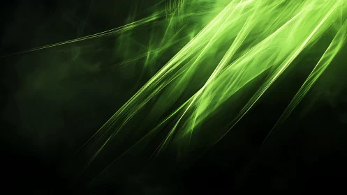 Abstract green light streaks on dark background, digital art.