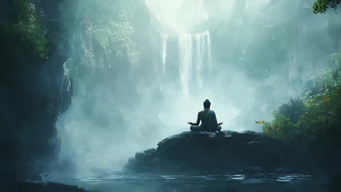 Solitary meditative figure on rock island before mist-veiled waterfall