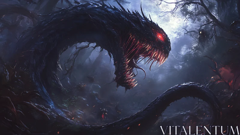 Nightmare forest serpent rises with eerie crimson gaze