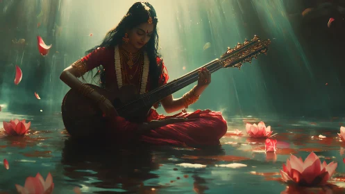 Woman in red sari playing veena on lotus filled water pool.
